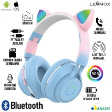 Headphone Bluetooth Gatinho LEF-1037 Lehmox - Azul Rosa
